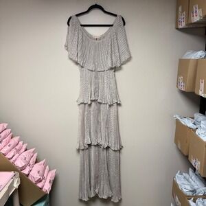 Rebecca Taylor Tiered Polka Dot Maxi Dress Grey Silk Blend‎ Off Shoulder Size 2